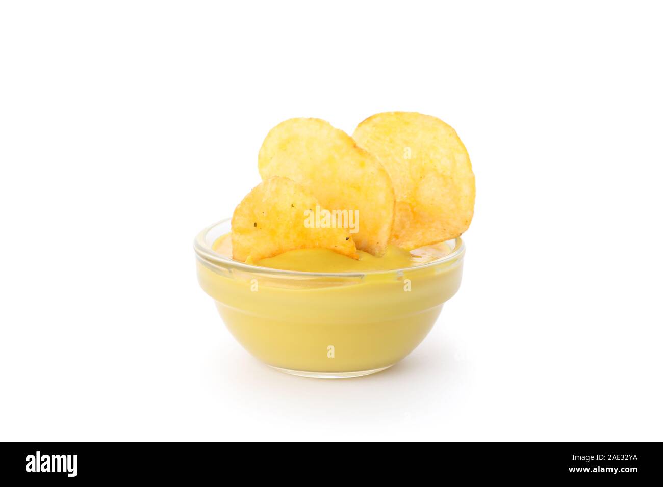 Potato chips with mustard sauce isolated on white background Stock