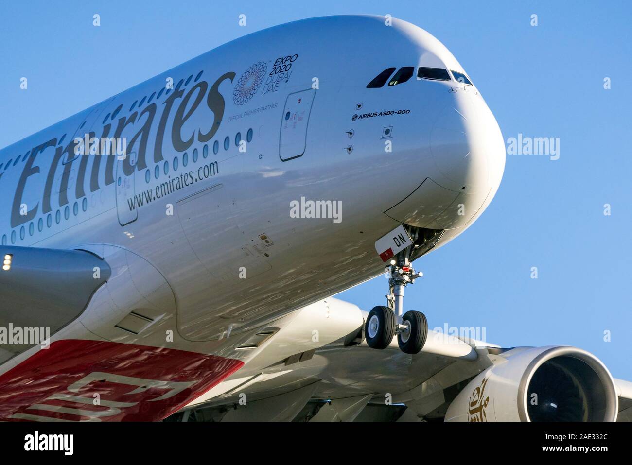 Airbus A380-800 landing. Emirates airline. Stock Photo