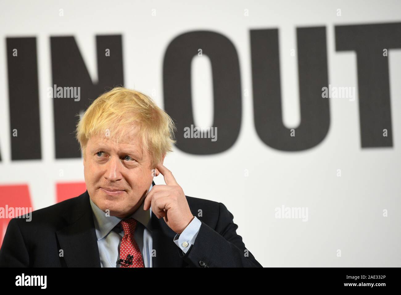 Prime Minister Boris Johnson speaks during a visit to the Kent Event Centre, Maidstone, while on the election campaign trail. Stock Photo