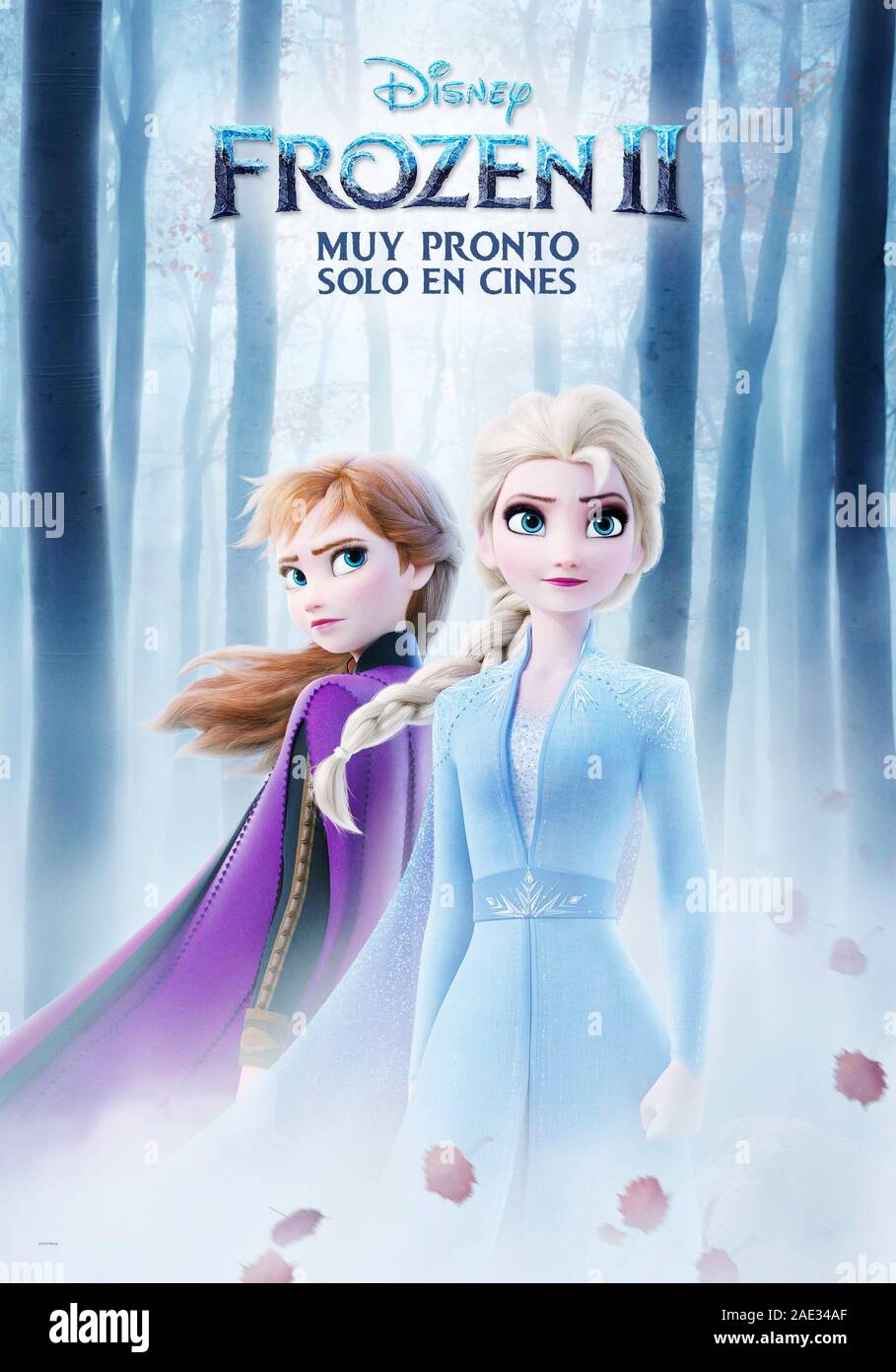 FROZEN II, (aka FROZEN 2), poster in Spanish, from left Anna (voice Kristen Bell), Elsa (voice