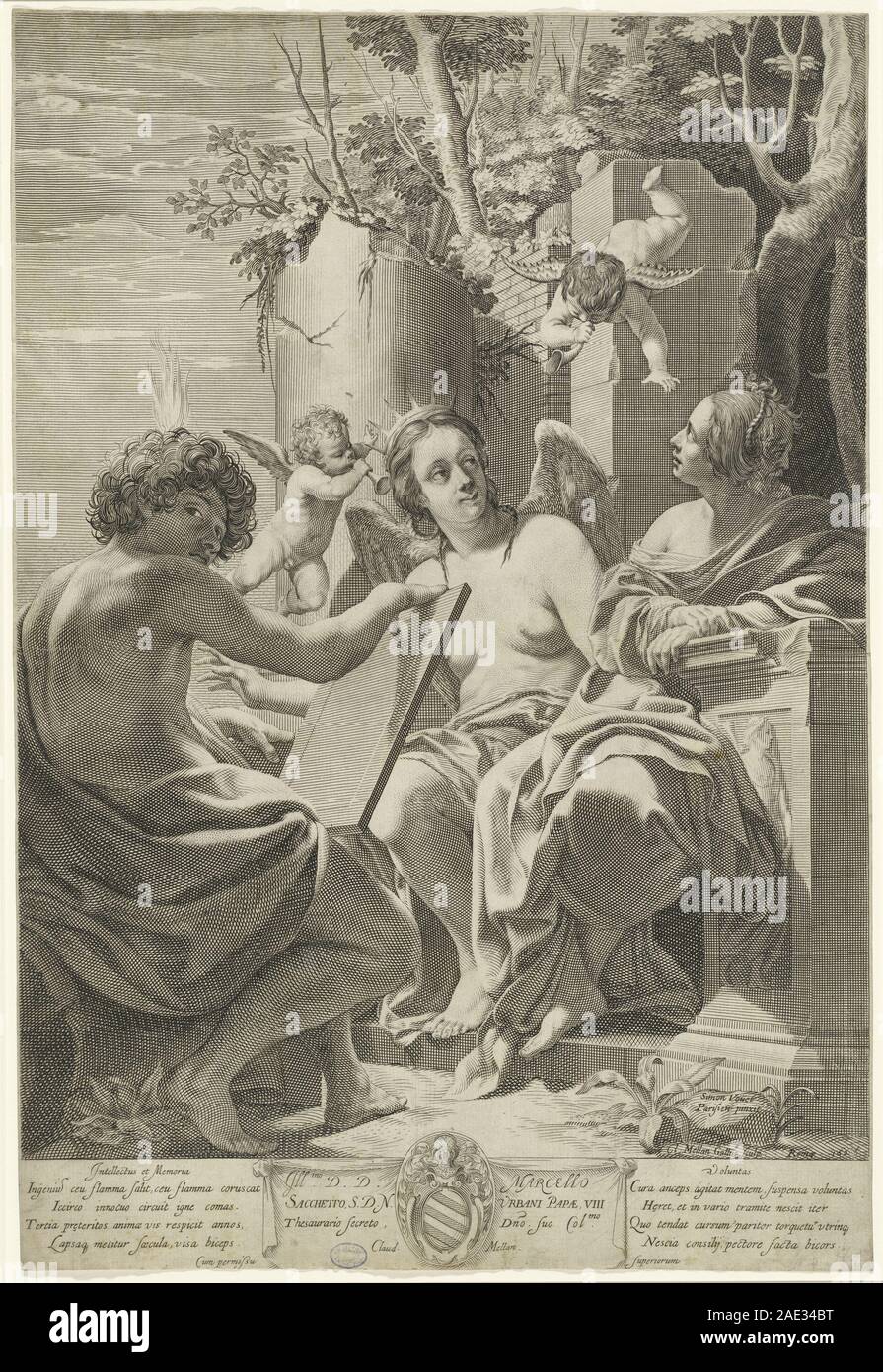 Allegory of Intellect, Memory, and Will; 1625date Claude Mellan after Simon Vouet, Allegory of Intellect, Memory, and Will, 1625 Stock Photo