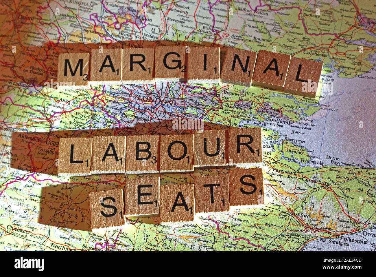 Marginal Labour Seats spelt in Scrabble letters on a UK map - General Election, elections, party political,leaders,parties,claims,doubts Stock Photo