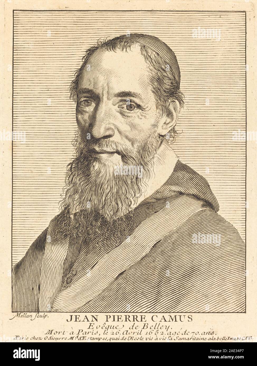 A portrait engraving by Claude Mellan of Jean Pierre Camus, showing the ...