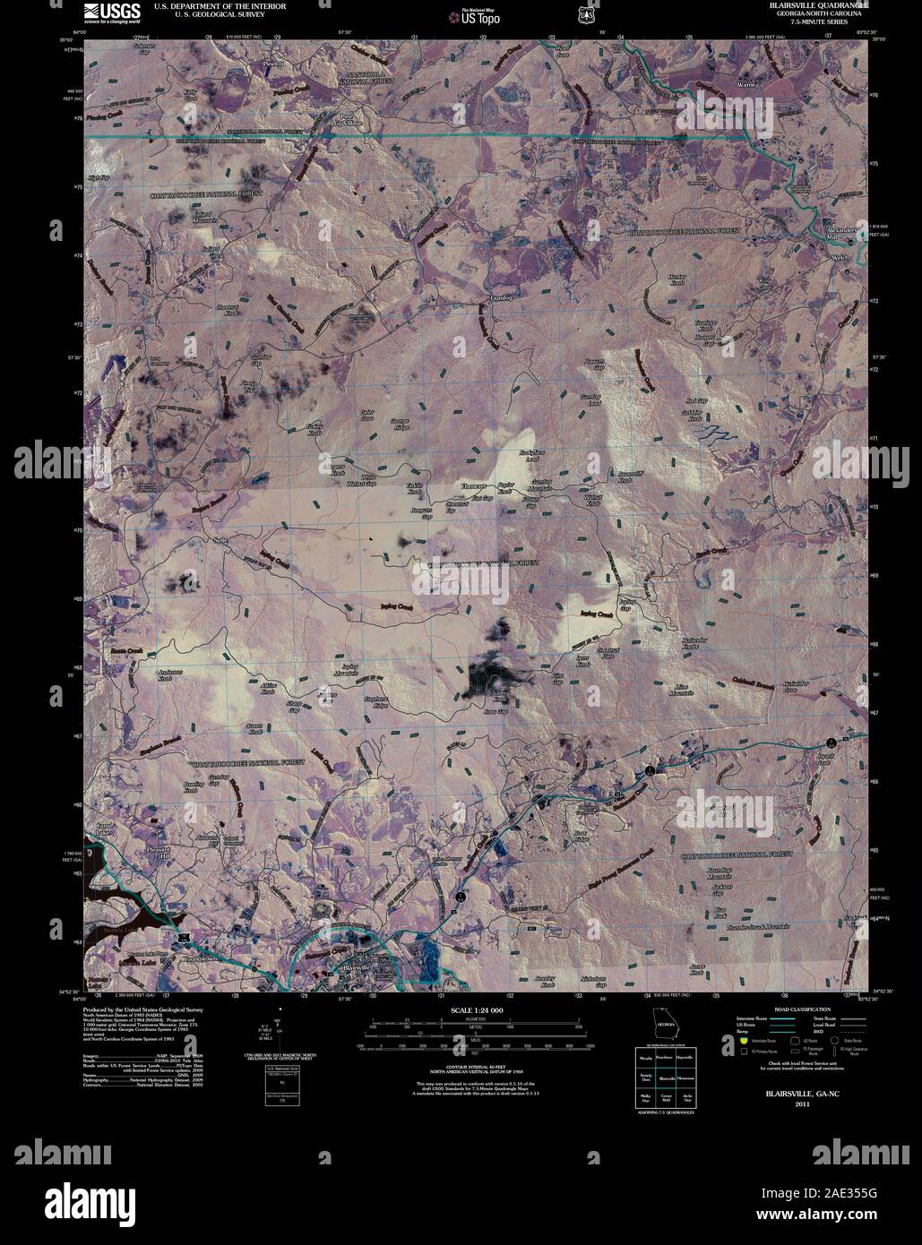 USGS TOPO Map North Carolina GA Blairsville 20110307 TM Inverted Restoration Stock Photo