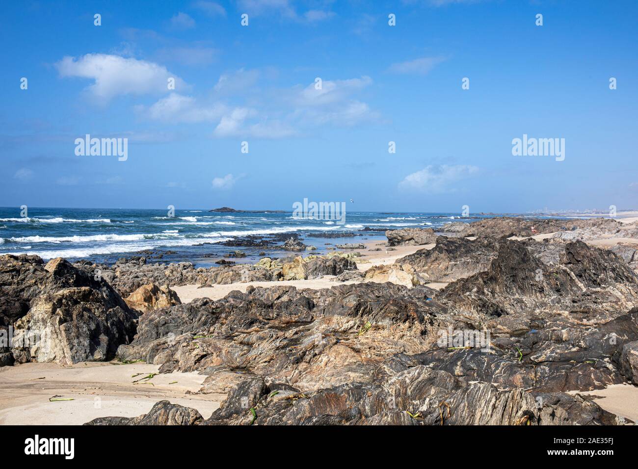 Rocky North Atlantic coast at Vila Cha near Porto, Portugal Stock Photo