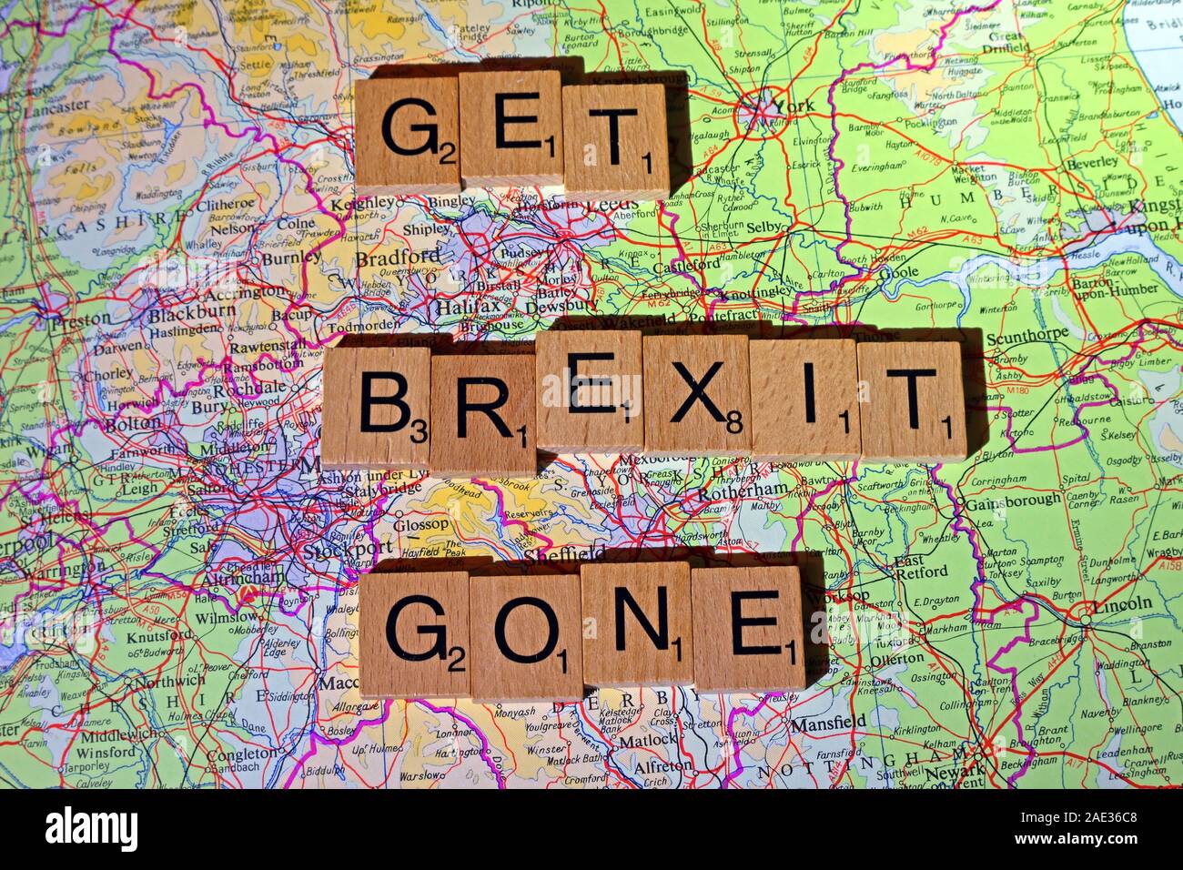 Get Brexit Gone spelled in Scrabble letters on a north of England map - General Election, elections, party political,leaders,parties,claims,doubts Stock Photo