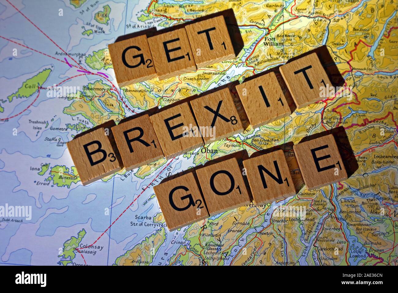 Get Brexit Gone spelled in Scrabble letters on Scotland map - General Election, elections, party political,leaders,parties,claims,doubts Stock Photo