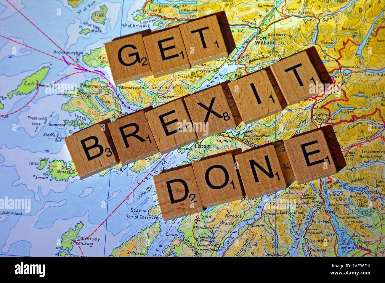 Get Brexit Done spelt in Scrabble letters on a Scottish map - General Election, elections, party political,leaders,parties,claims,doubts Stock Photo