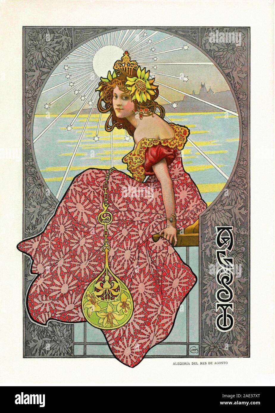Allegorical depiction of the seasons in Art Nouveau style. Allegory of August. Album Salon. 1901. Spain, Catalonia, Barcelona Stock Photo