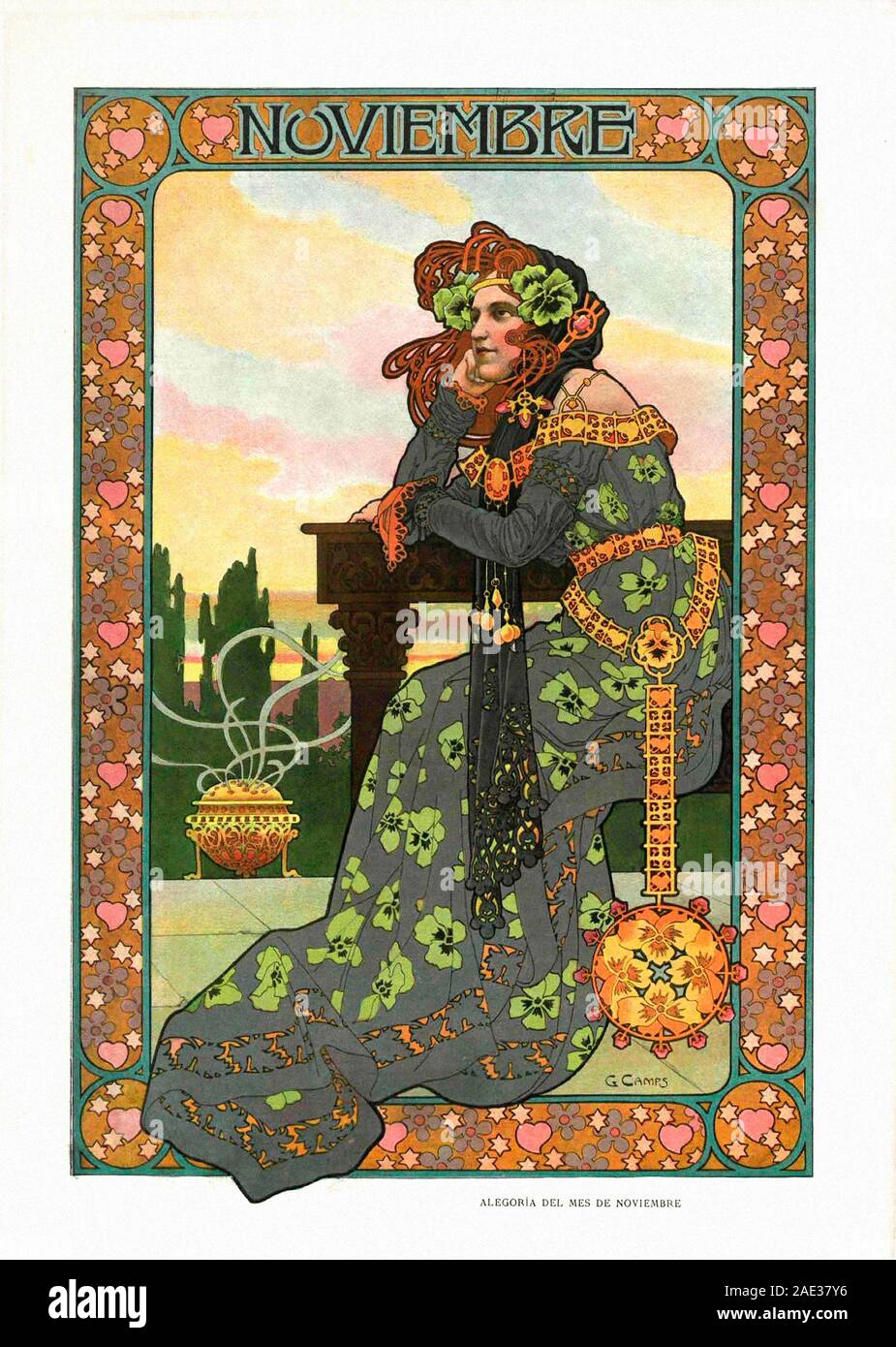 Allegorical depiction of the seasons in Art Nouveau style. Allegory of November. Album Salon. 1901. Spain, Catalonia, Barcelona Stock Photo