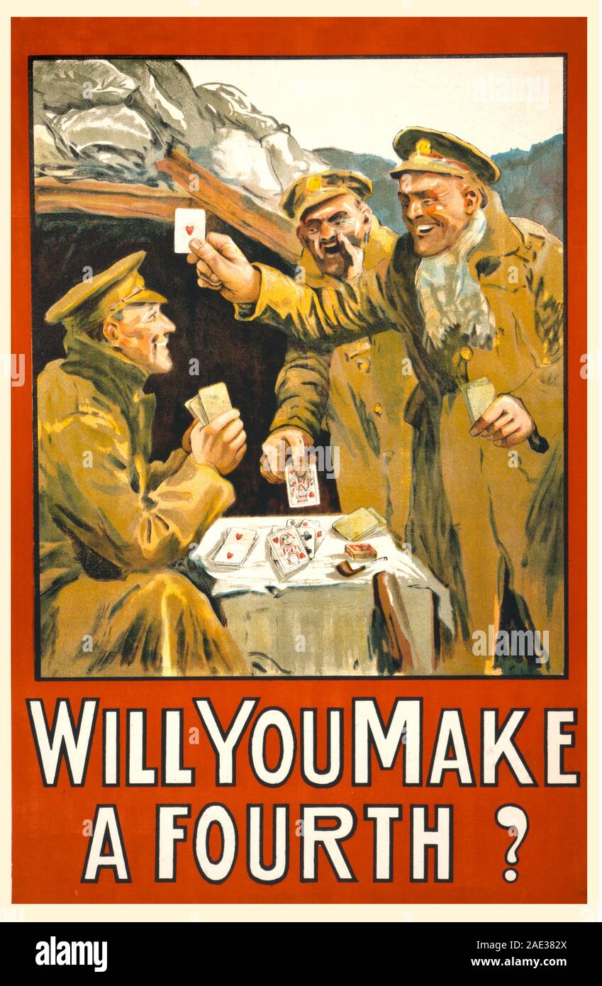 Poster showing three soldiers playing cards outside a bunker. Stock Photo