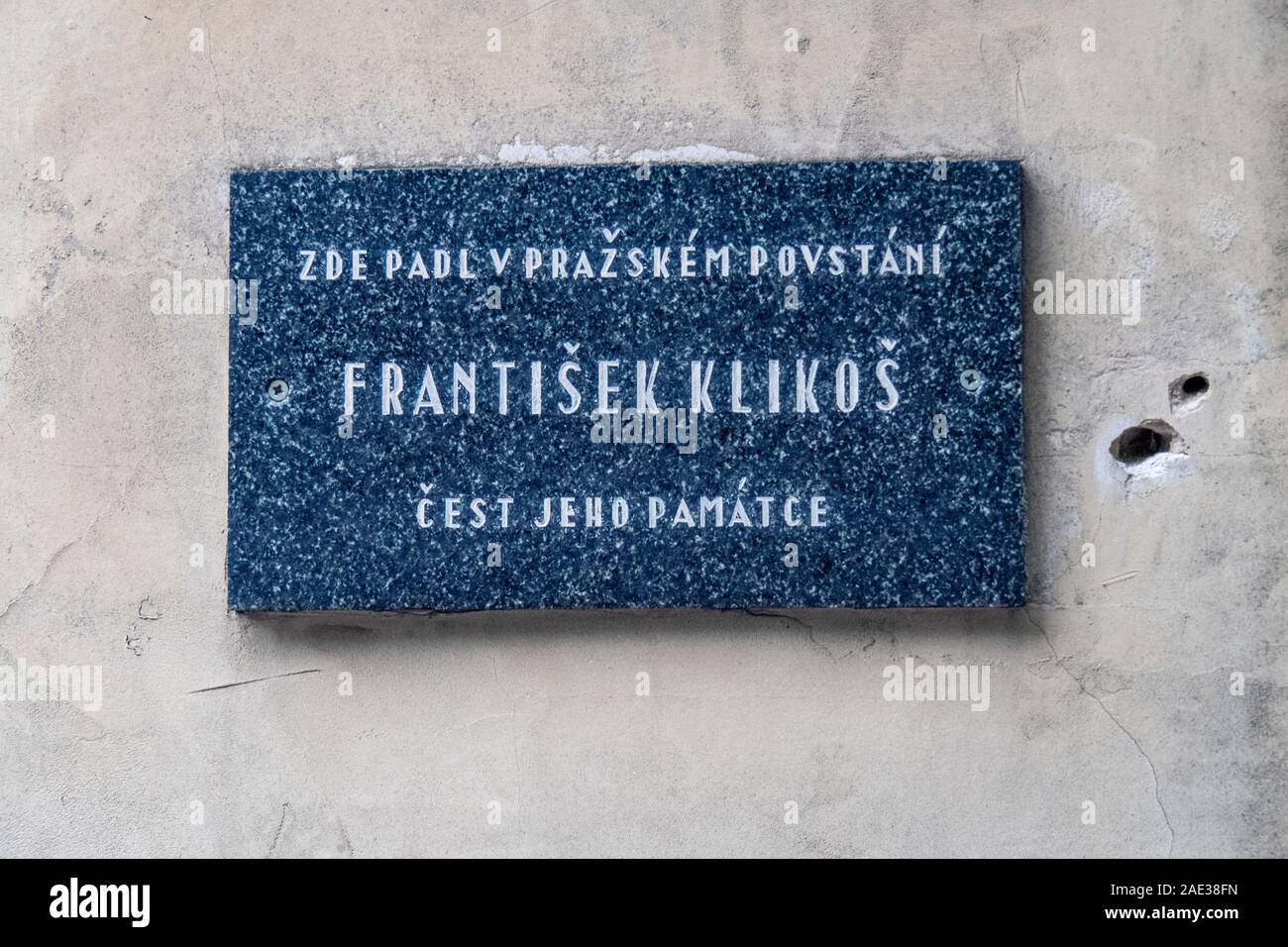 Plaque in memory of Frantisek Klikos on wall of The Old-New Synagogue Old Town Prague Czech Republic. Stock Photo