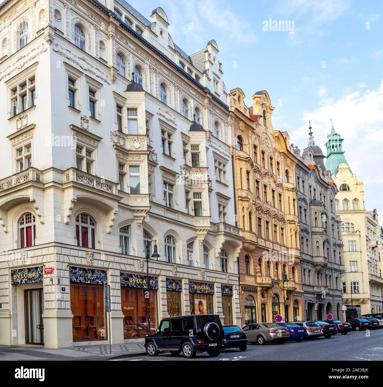 Apartment buildings with high fashion stores along Pařížská street
