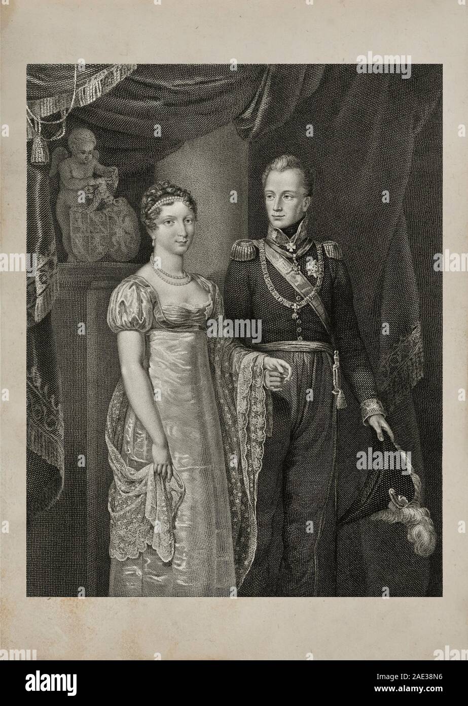 Engraving of William II (1792 – 1849) King of the Netherlands, Grand Duke of Luxembourg and Grand Duchess Anna Pavlovna of Russia (1795 - 1865). Stock Photo