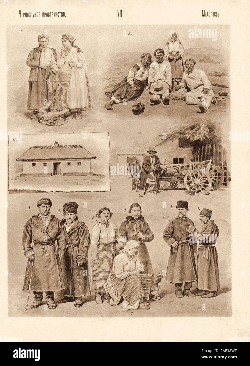 Peoples of former Russian Empire. Black earth region. Ukrainians (Podolsk province) 1-9, the Peasants of Podolia. 2, 5-9 Kamenetz County. 3-4 - Letich Stock Photo