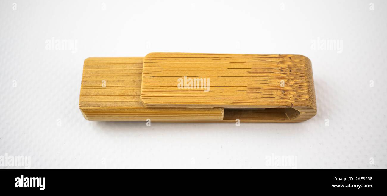 Wooden memory unit with usb connection for data storage, on white background Stock Photo