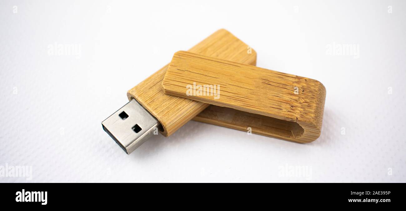 wooden memory unit with usb connection for data storage, on white background Stock Photo