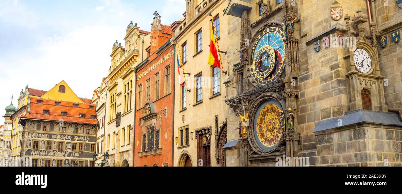 Historic Dum u Minuty with ornate decorative sgraffito and medieval astronomical clock in the Old Town Hall Prague Czech Republic. Stock Photo