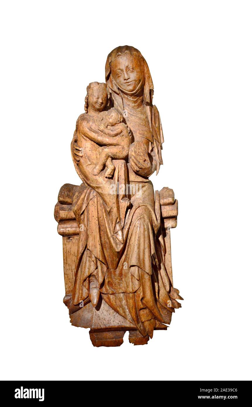 Medieval wood-carving sculpture of st Anna with the Virgin and Child. Bohemia (Czech Republic). 14th century Stock Photo