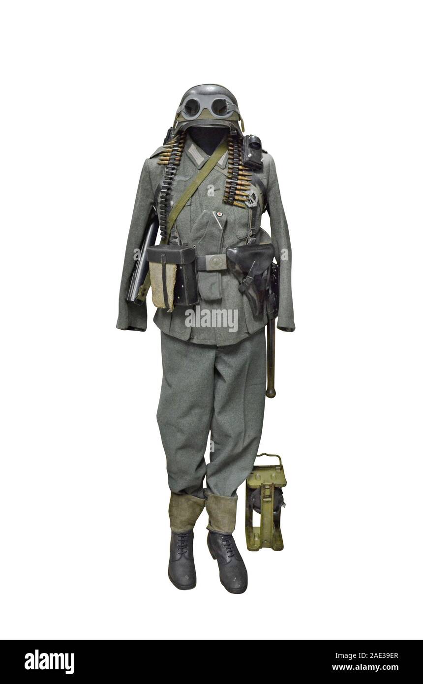 Germany at the WW2. Uniform of nazi German soldier (Wehrmacht, signaller (?)) in full ammunition. Stock Photo