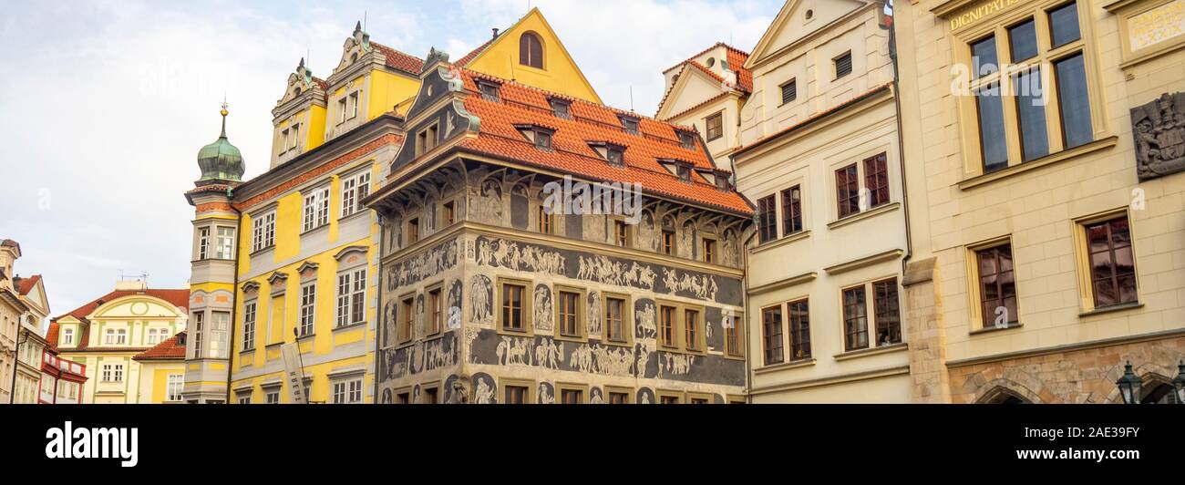 Historic Dum u Minuty with ornate decorative sgraffito in Staroměstské nám Old Town Prague Czech Republic. Stock Photo