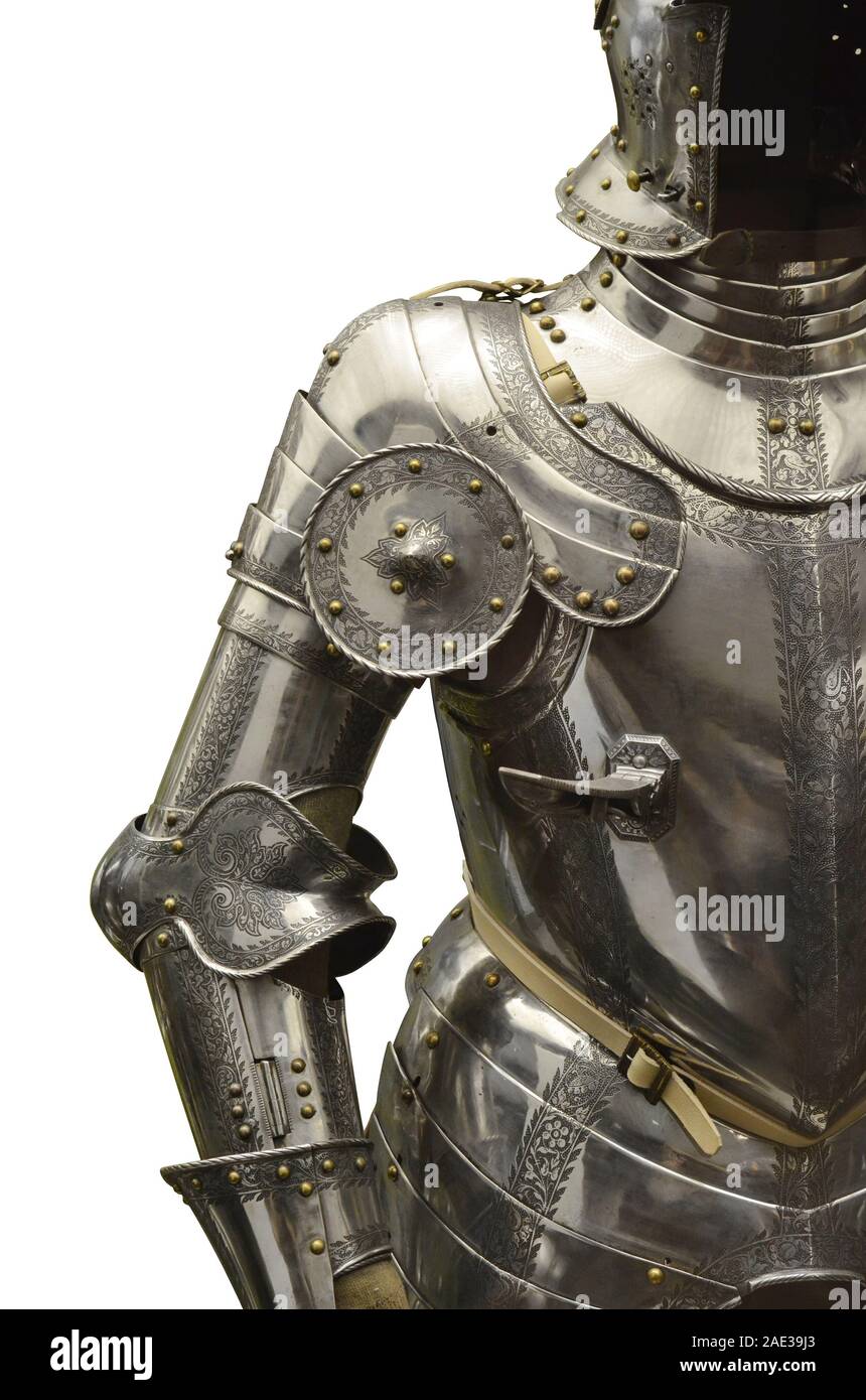 Part of the German plate armour, on the foreground could see the hook for the spear and rondel, a circular piece of metal used for protection. Germany Stock Photo