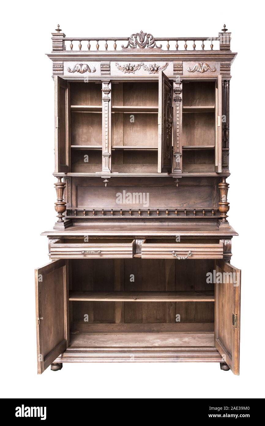 Antique open empty sideboard of the late 19th century. Isoleted path on the white background. Stock Photo