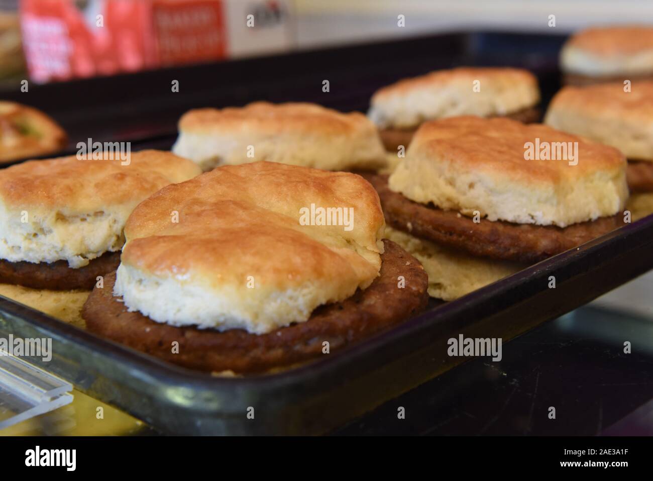 Sausage Breakfast Sandwiches for sale on bakery tray Stock Photo Alamy