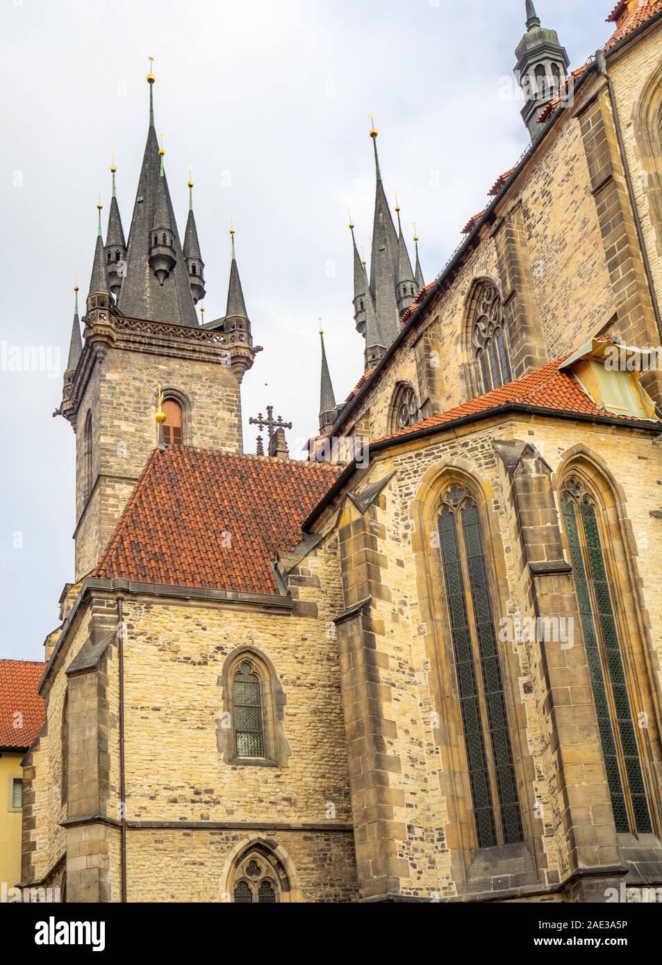 Rear view of Church of Our Lady before Týnin  and Spires Old Town Prague Czech Republic. Stock Photo