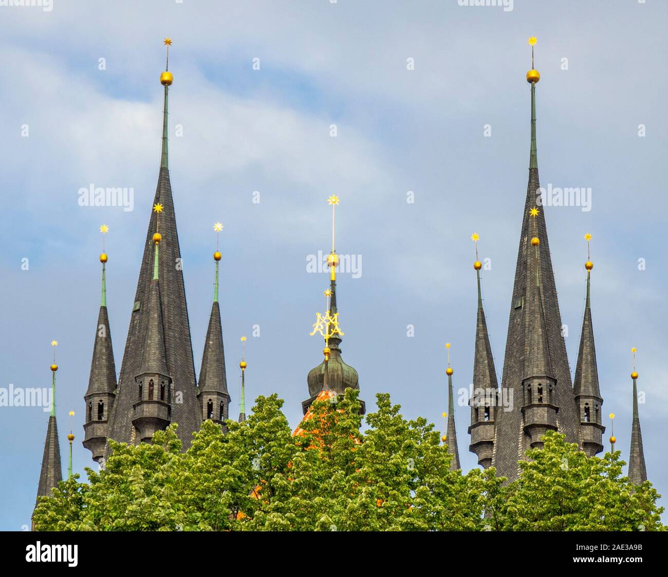 Spires of Church of Our Lady before Týnin Old Town Prague Czech Republic. Stock Photo