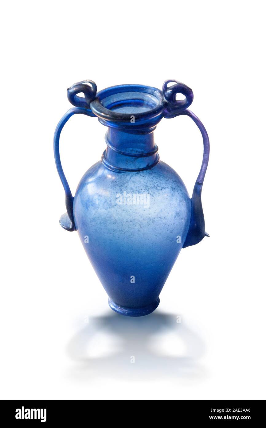 Late Roman Glassware. Cobalt blue two handles bottle.  Roman Empire. The 3rd and 4th centuries AD. Clipping path for design purpopes. Stock Photo