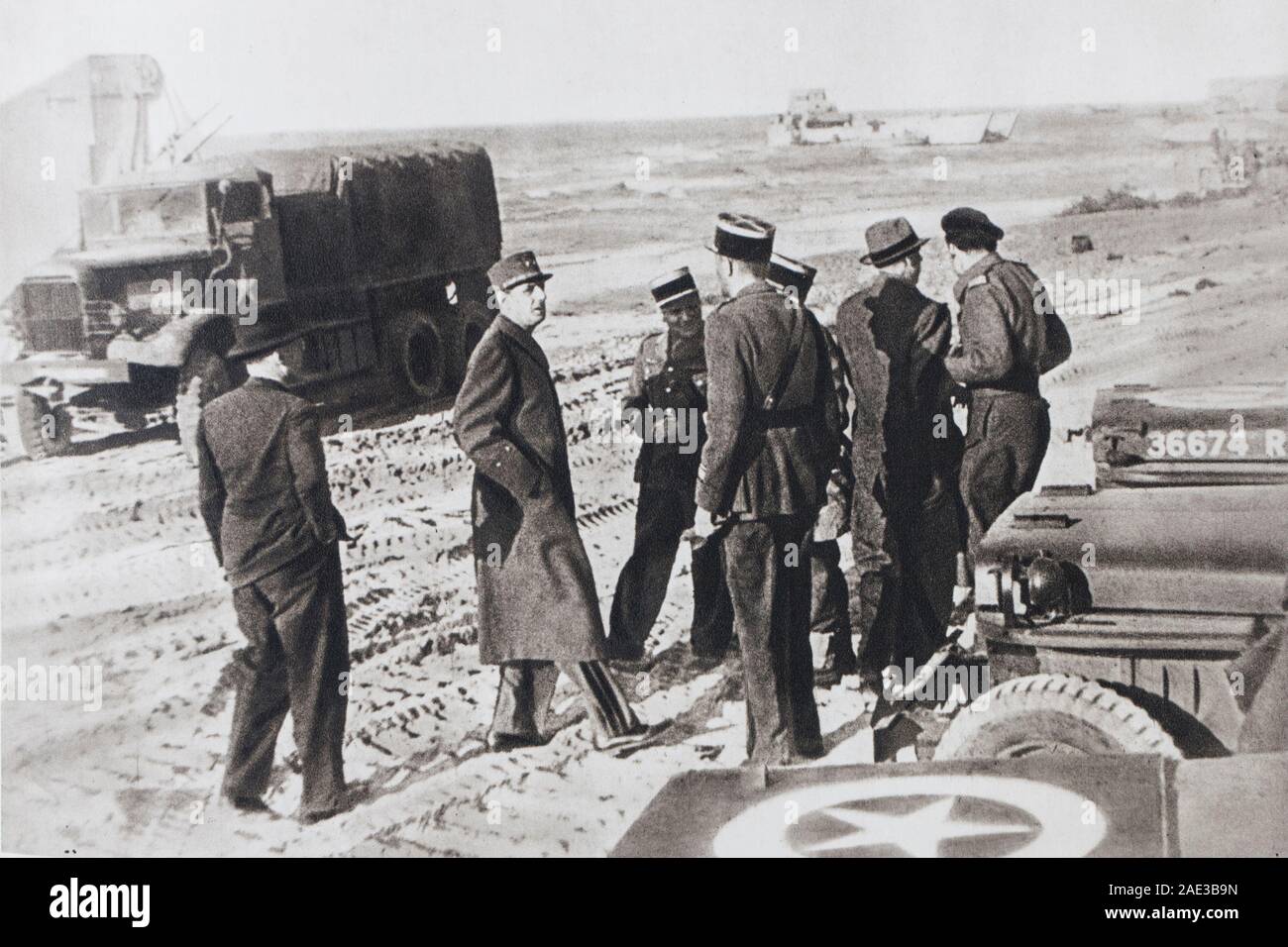 Return after four years of Exile. The general Charles de Gaulle comes, in June 1944, on the land of France. Stock Photo