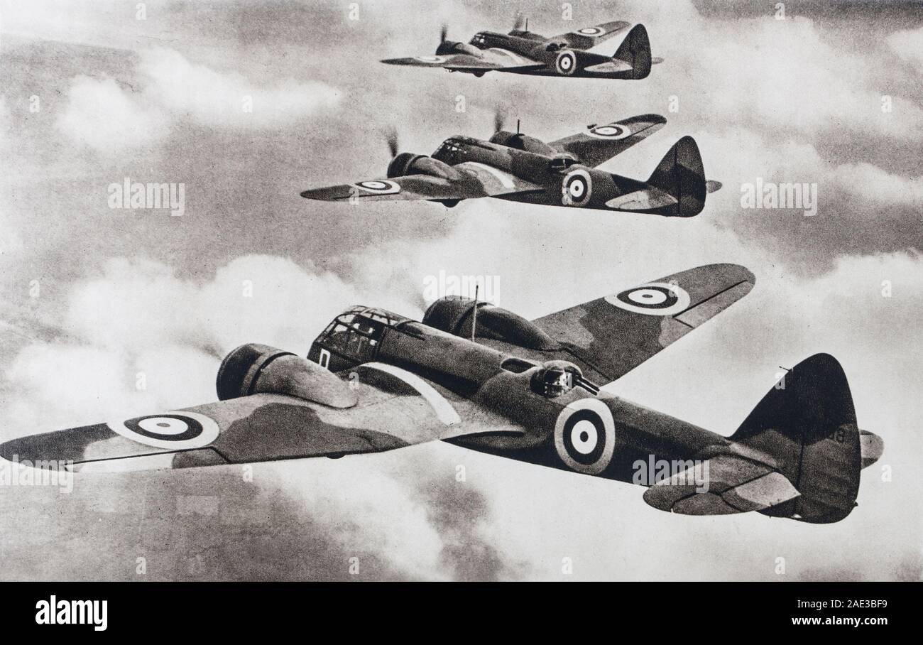 The first RAF aircraft protected the skies over England. A formation of Blenheims, at the time of the Battle of England, met the enemy. Stock Photo