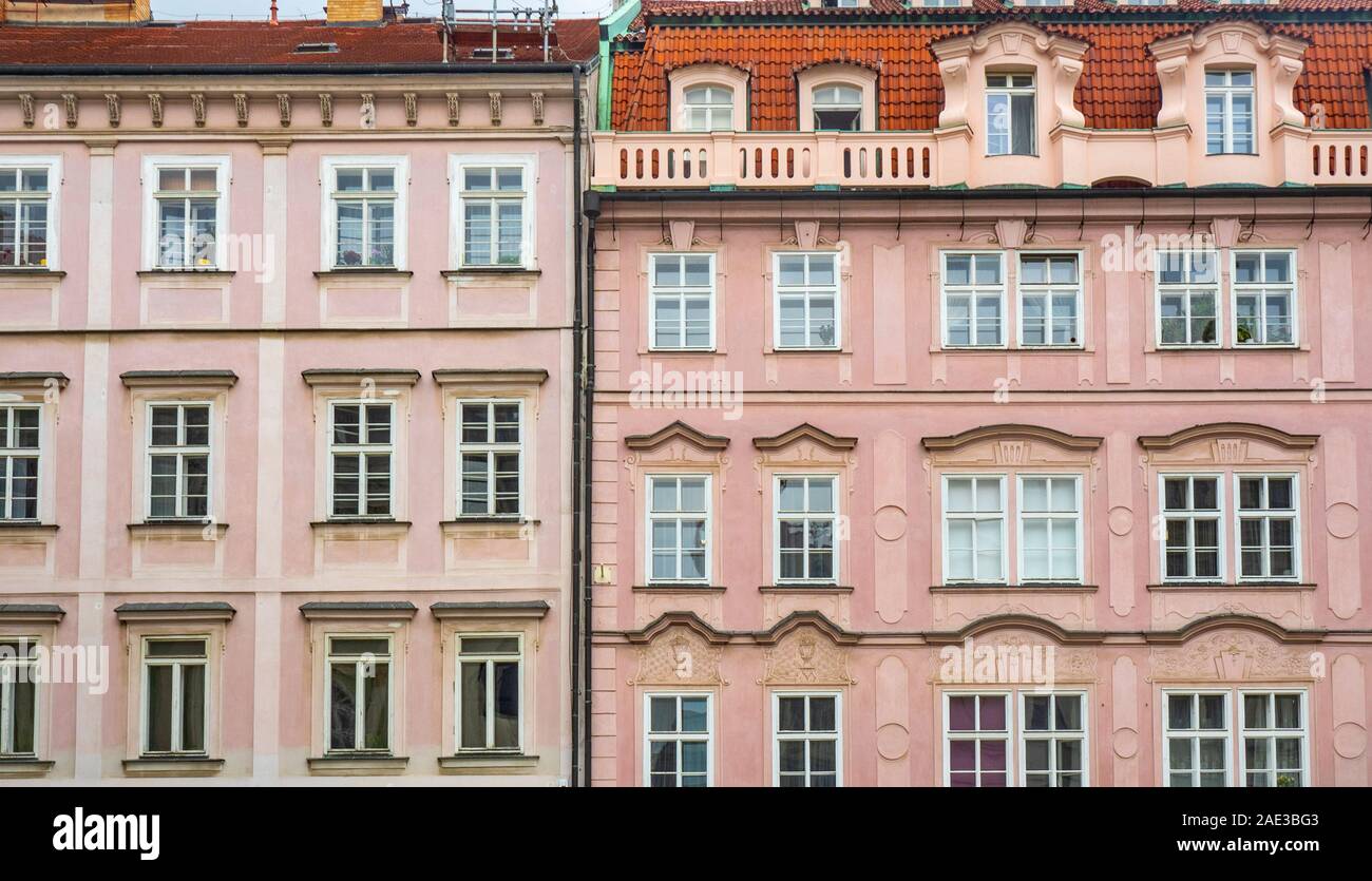 Ornate and decorative windows and cornices on buildings in Old Town Prague Czech Republic. Stock Photo