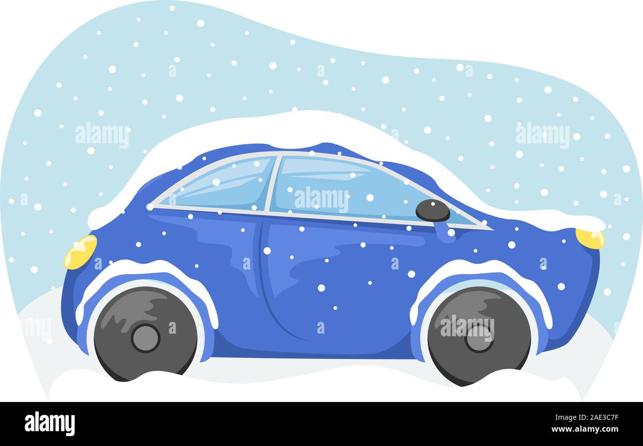 The car got stuck during a snowfall in a snowdrift. Flat vector illustration. Stock Vector