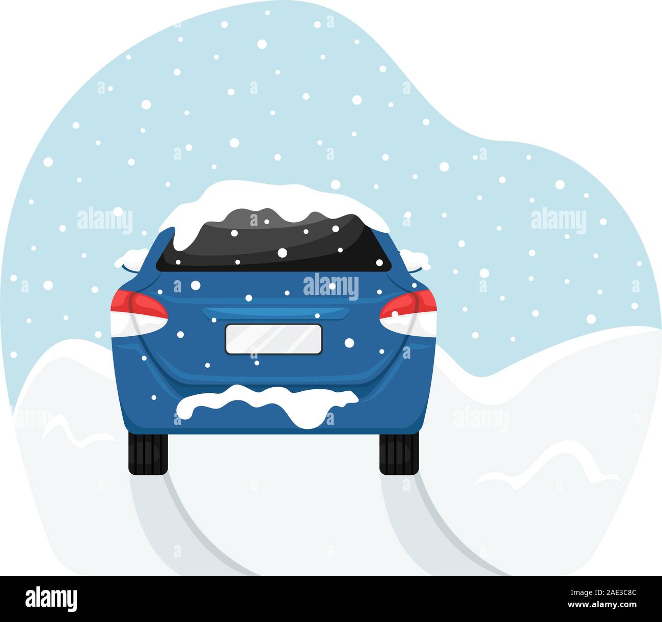 The car got stuck during a snowfall in a snowdrift. Flat vector illustration. Stock Vector