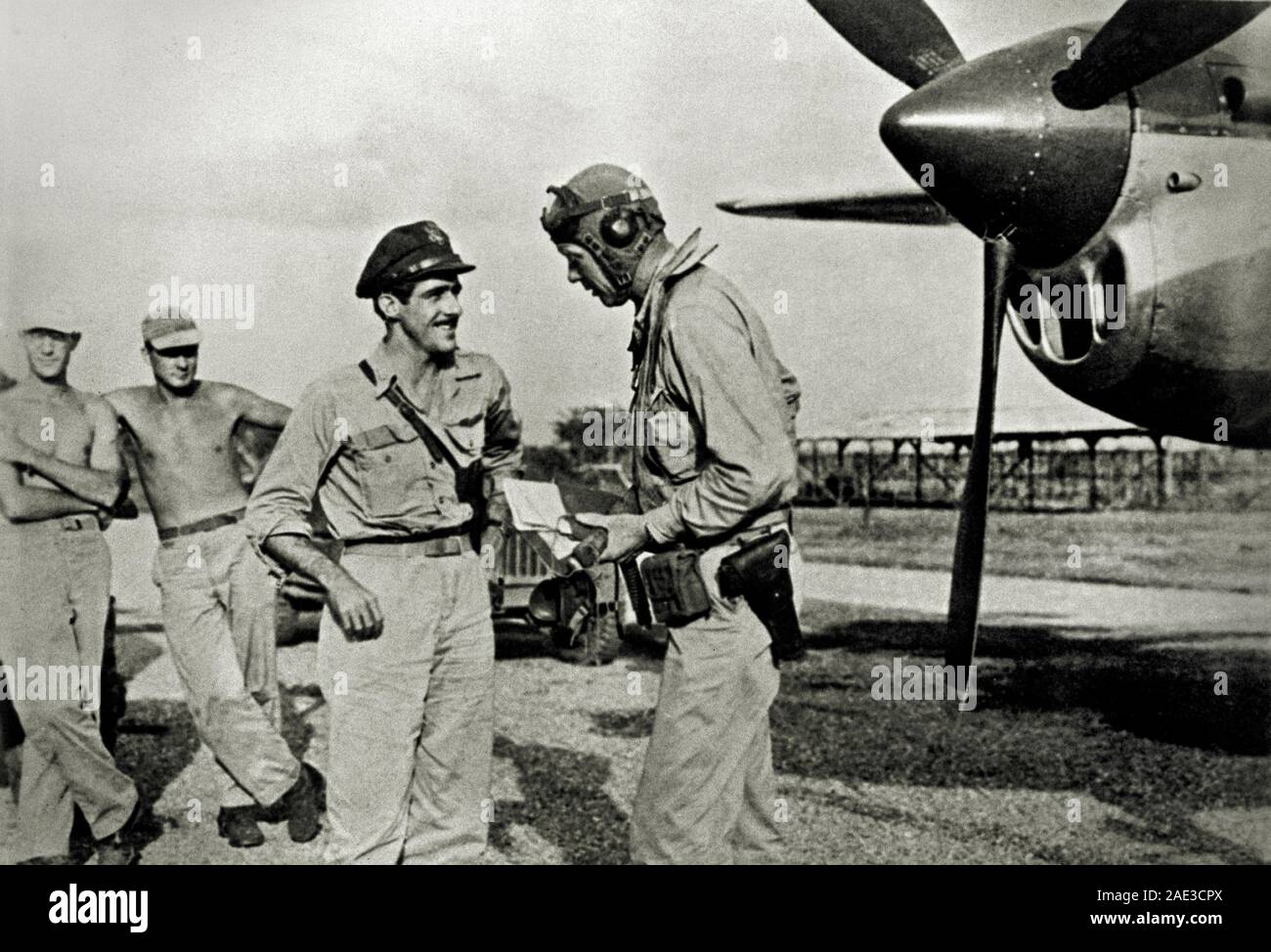 Charles Lindbergh (Charles Augustus Lindbergh Jr.) (on the right) and Thomas McGuire Jr. near the Lockheed P-38 Lightning fighter. Charles Lindbergh – Stock Photo