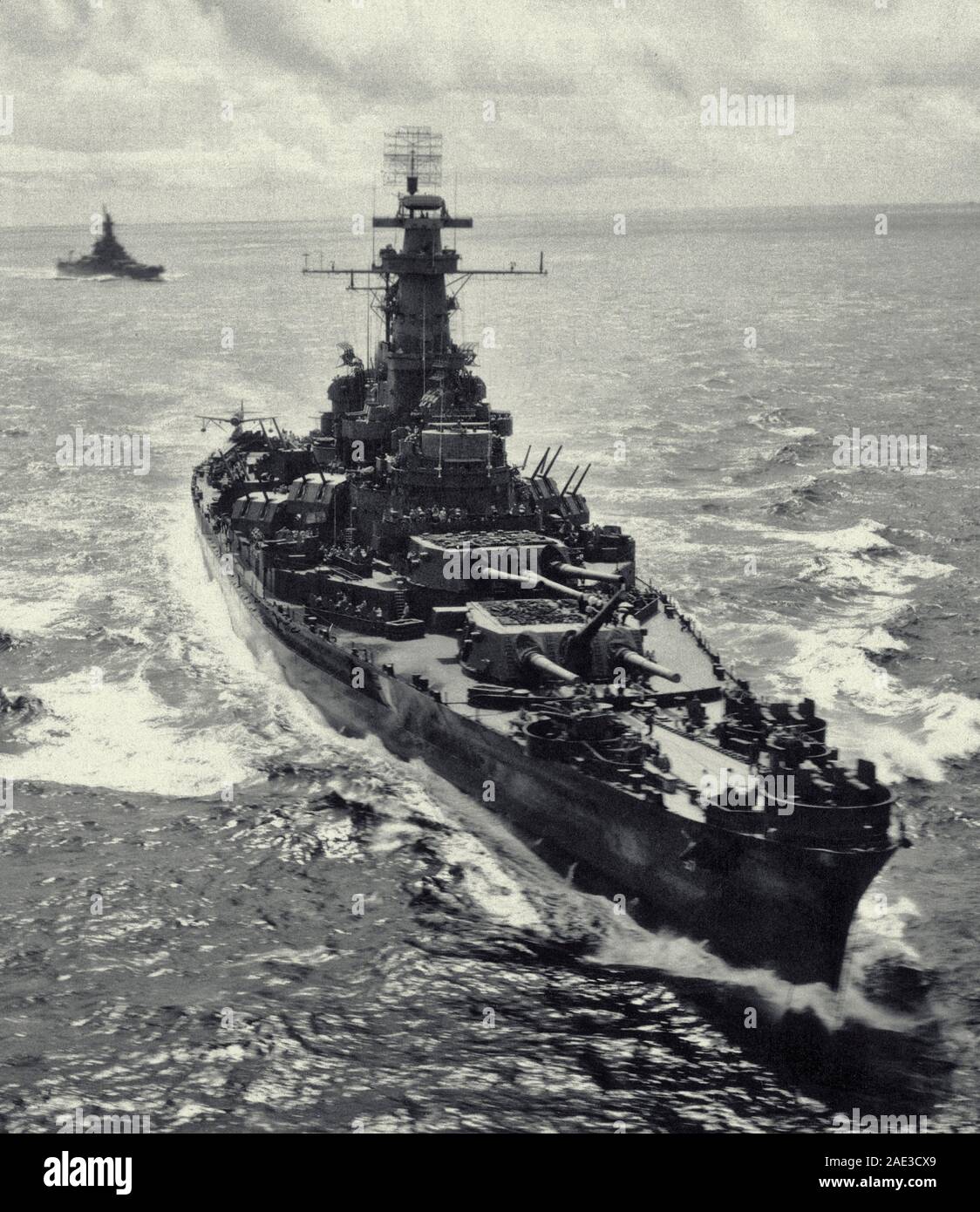 American battleships Alabama (USS Alabama), foreground and South Dakota (USS South Dakota) follow the Marshall Islands. Stock Photo
