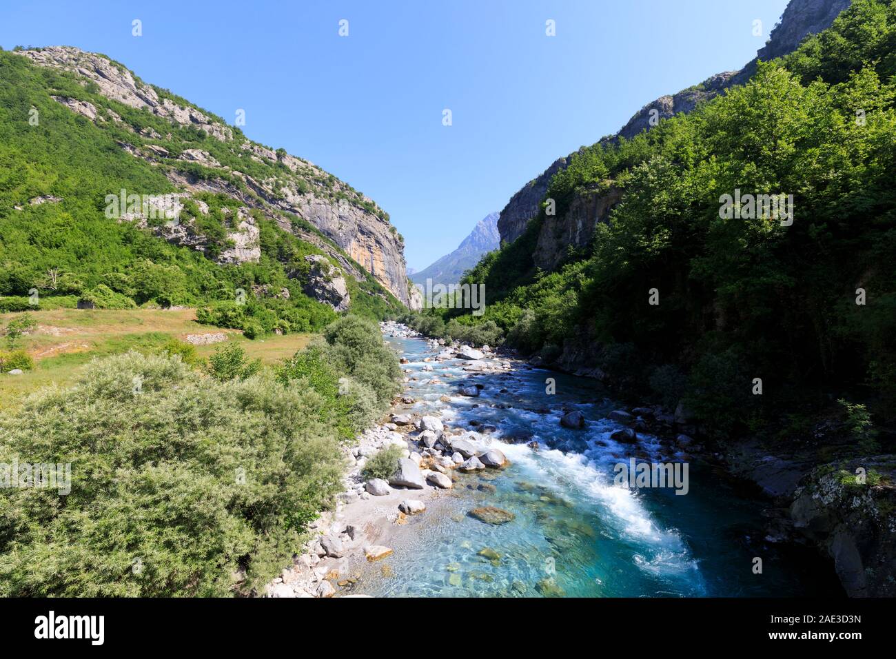 Mountainous landscape with green forests and clear rivers in the northern Dinaric Alps in Albania Stock Photo
