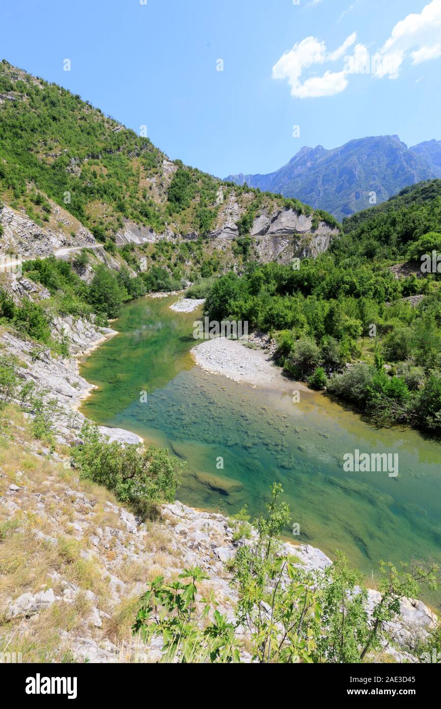 Mountainous landscape with green forests and clear rivers in the northern Dinaric Alps in Albania Stock Photo