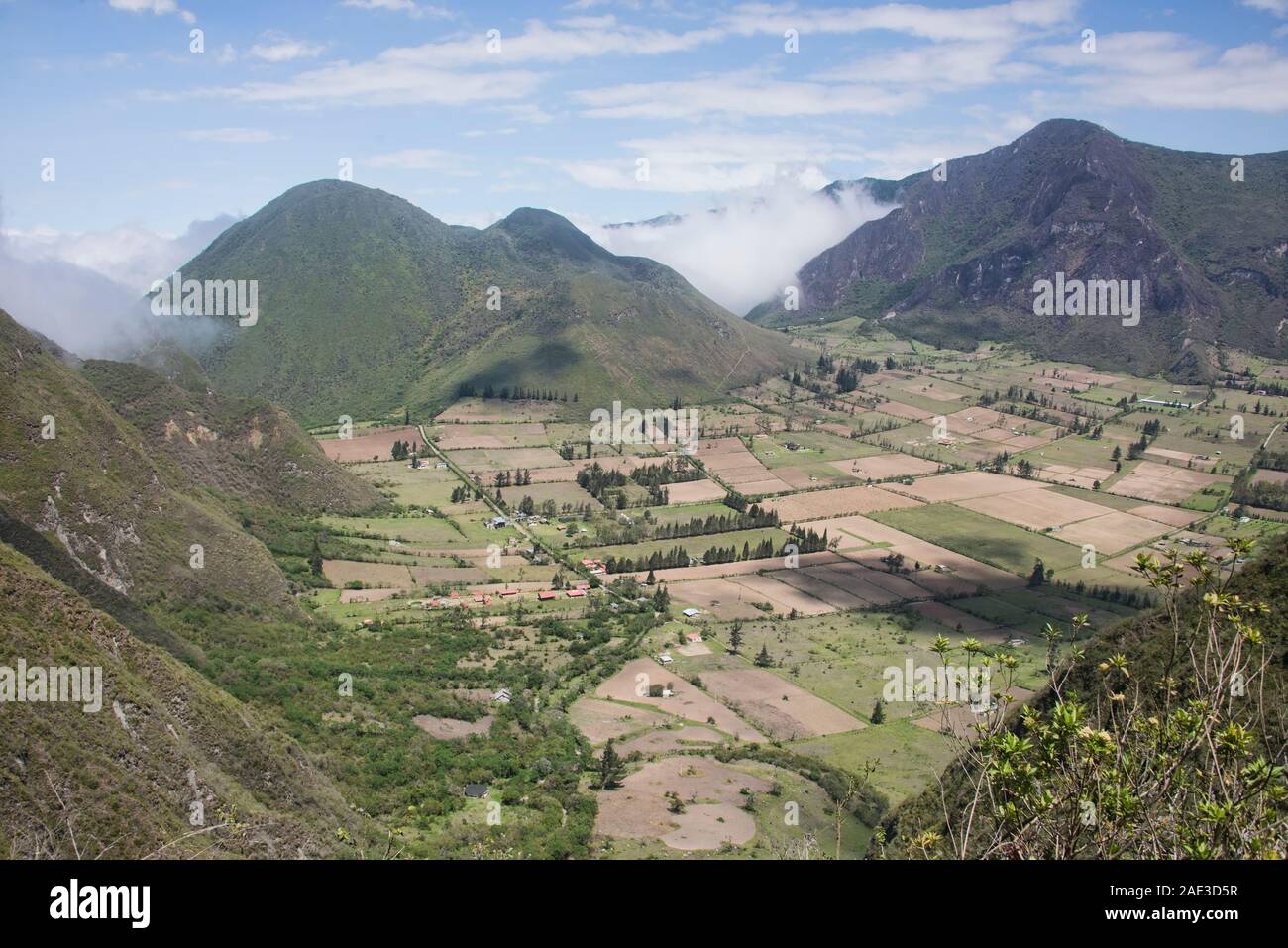 Patchwork quilt agriculture inside of the Pululahua Crater, Pululahua Geobotanical Reserve, Ecuado Stock Photo