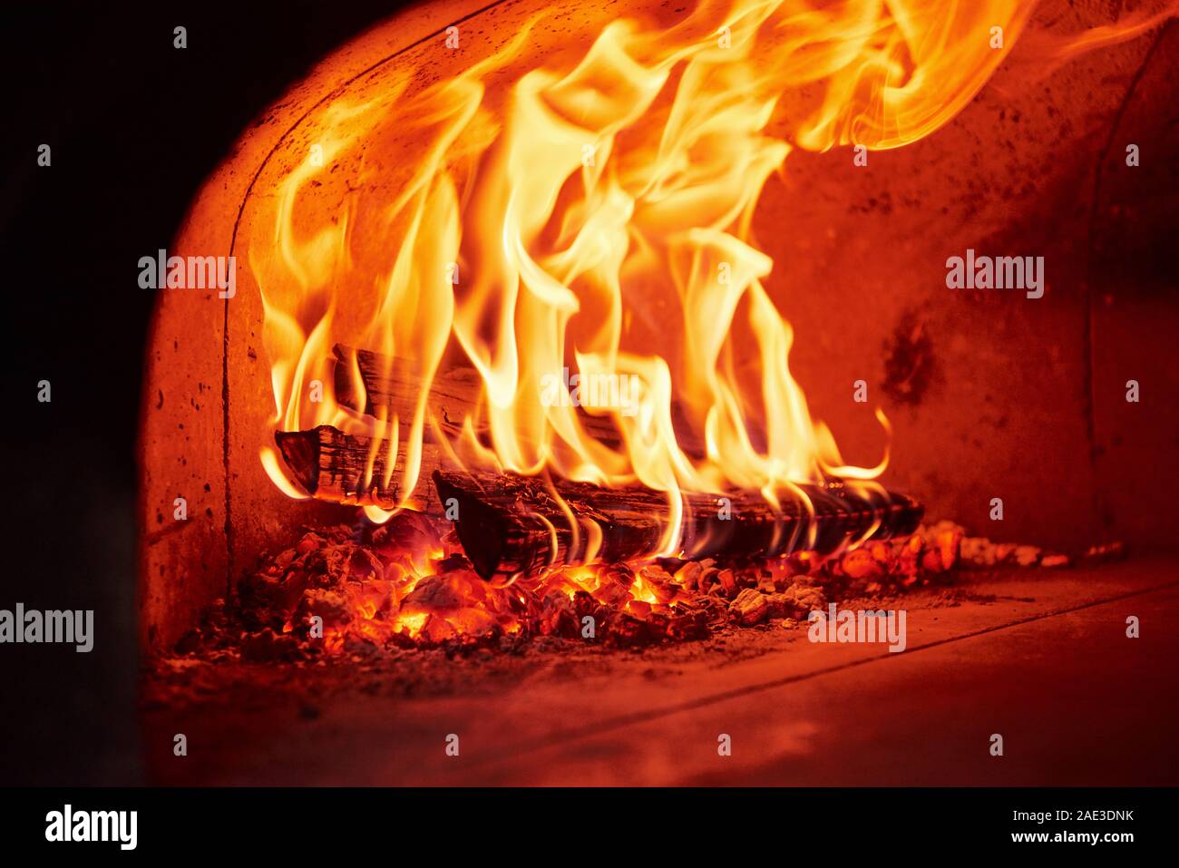 Detailed view. Fire burning in the furnace. Close up view of wood in