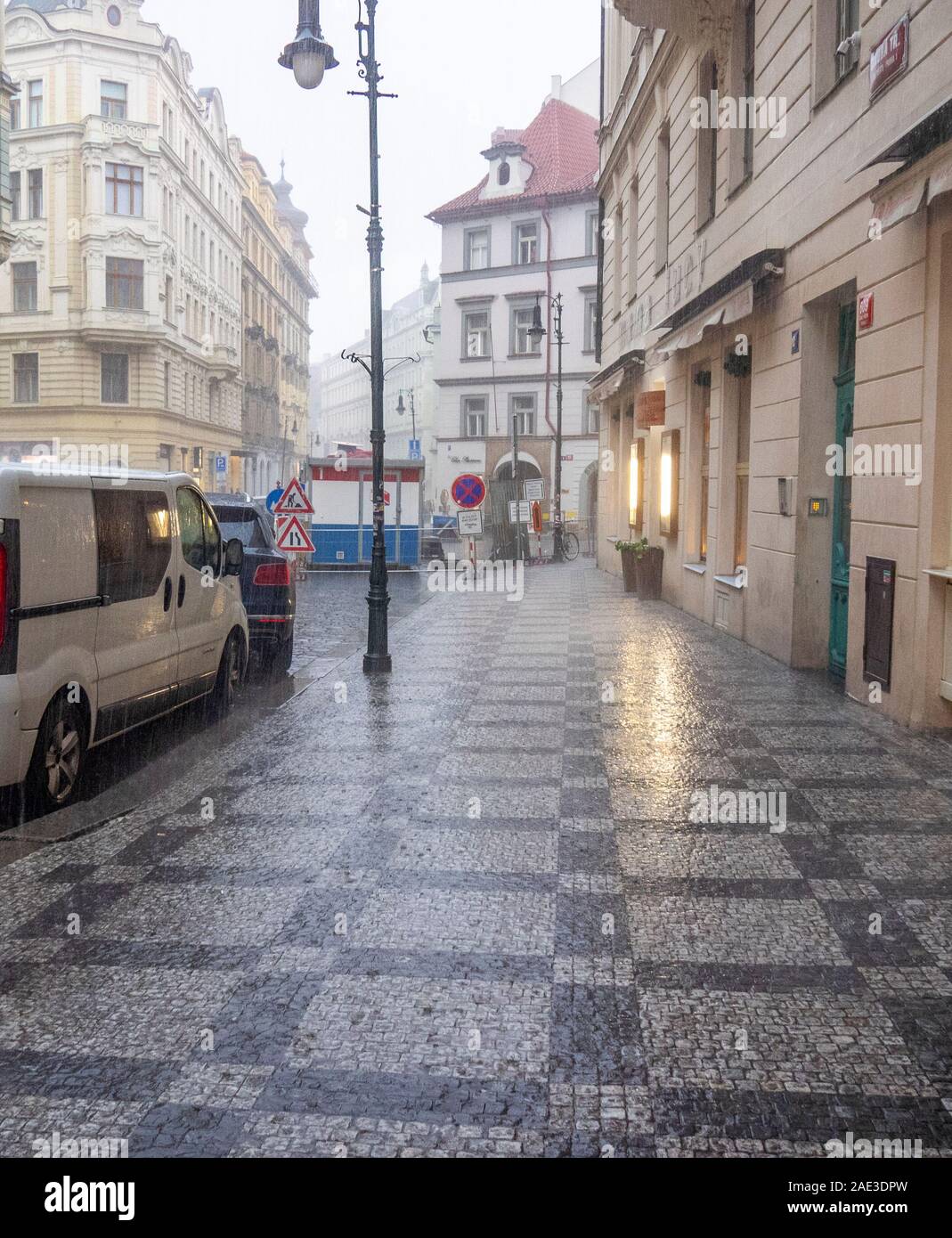 Heavy rain fall in Old Town Prague Czech Republic. Stock Photo