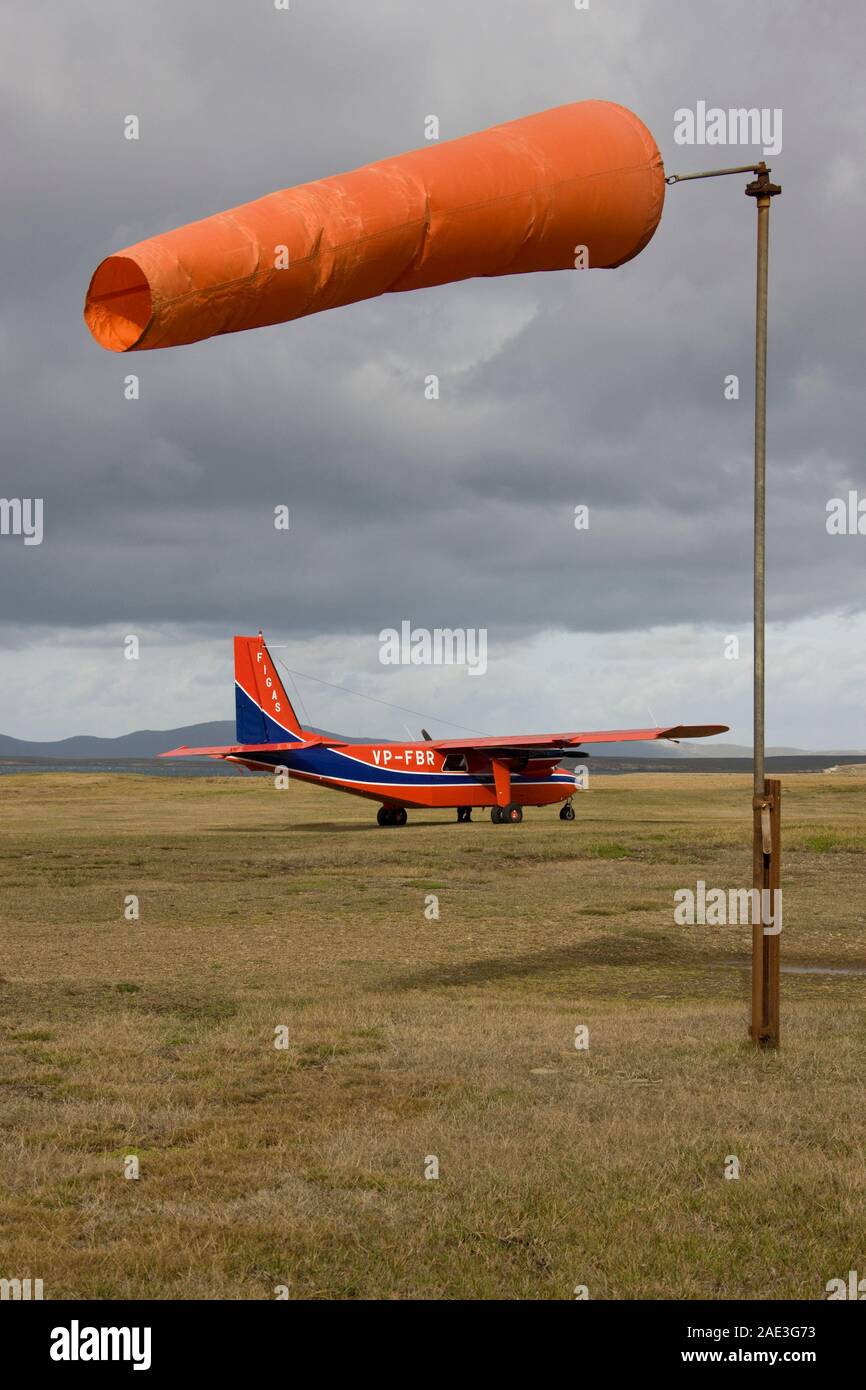 'FIGAS' (Falkland Islands Government Air Services) Bitten-Norman Islander twin engined aircraft at Saunders Island in the Falkland Islands (Islas Malv Stock Photo