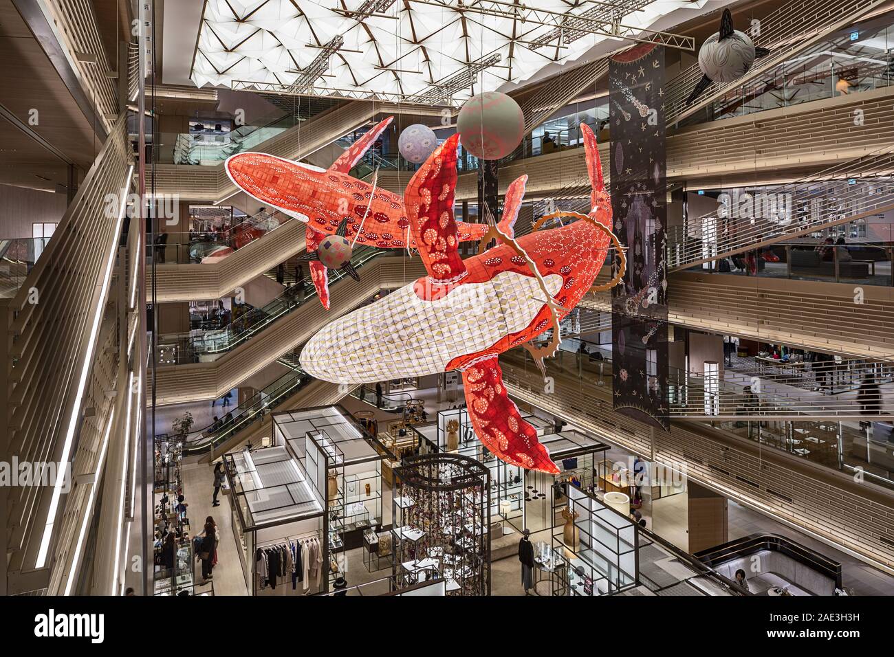 Ginza Six Atrium in Tokyo with lightning whale art installation by Finnish artist Klaus Haapaniemi. Stock Photo