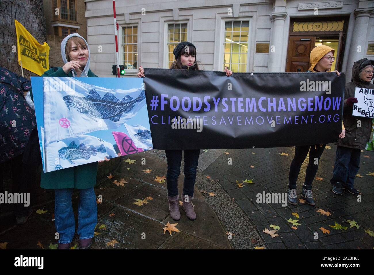 London, UK. 6 December, 2019. Activists from Sea Life Extinction Rebellion, joined by activists from Animal Rebellion, protest against super-trawlers outside the European Commission’s offices in Westminster. Super-trawlers are responsible for much illegal fishing, using nets as large as three football pitches, catching endangered species such as hammerhead sharks and dolphins and processing, storing and freezing thousands of tons of fish during weeks of continuous fishing. Credit: Mark Kerrison/Alamy Live News Stock Photo