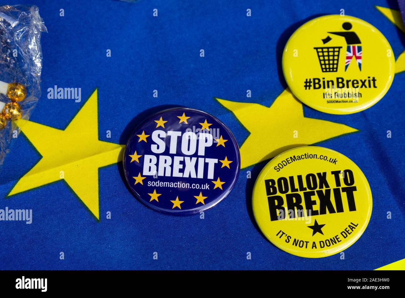 Stop Brexit badges on a European Union flag, London, England, United Kingdom Stock Photo