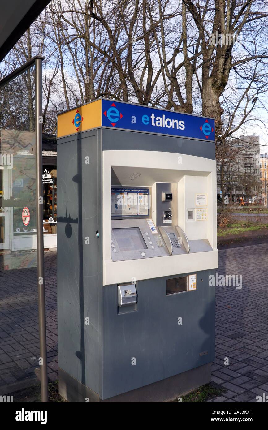 Riga, Latvia November 30, 2019 Ticket vending machine on the bus