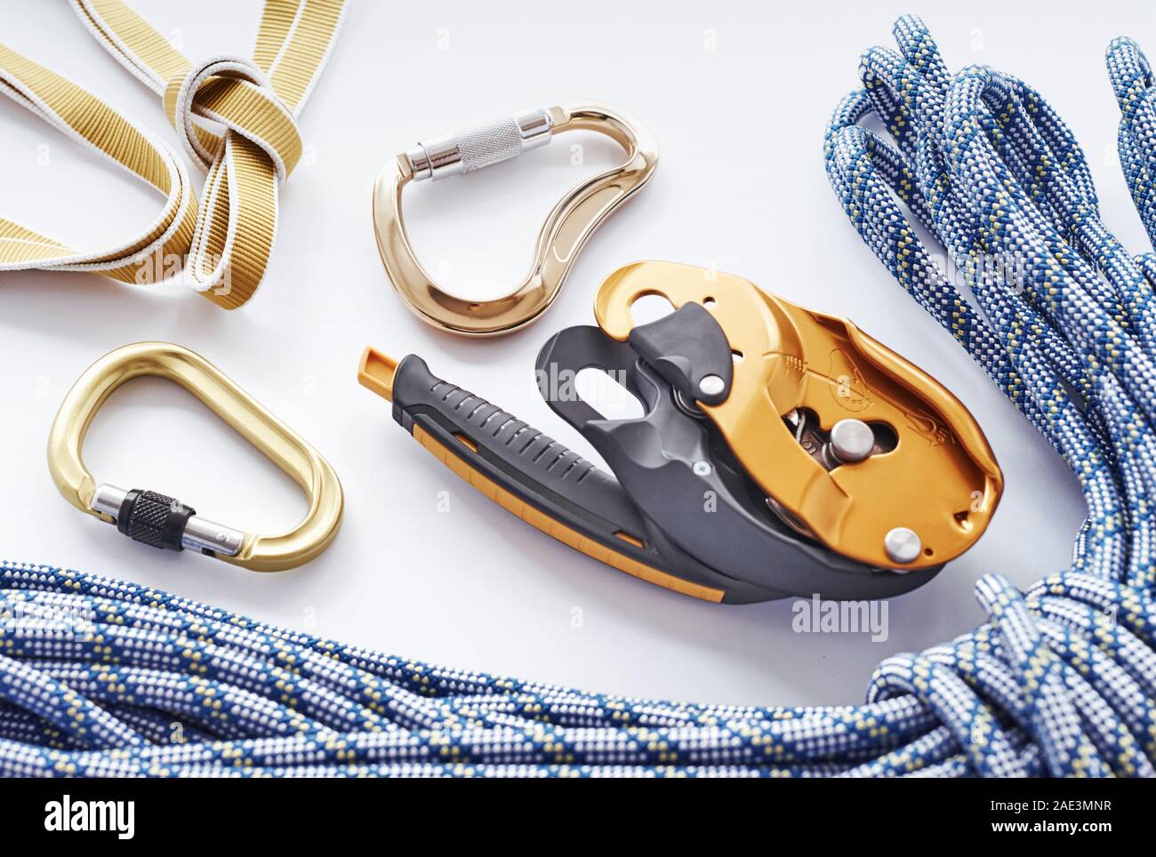 Big blue colored rope. Top view. Climbing equipment for the safeness