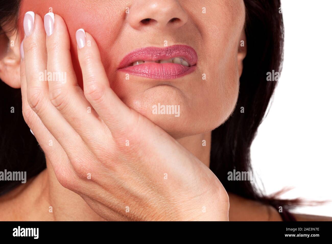 Beautiful woman suffering from toothache, closeup shot, white background Stock Photo